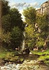 Gustave Courbet Canvas Paintings - A Family of Deer in a Landscape with a Waterfall